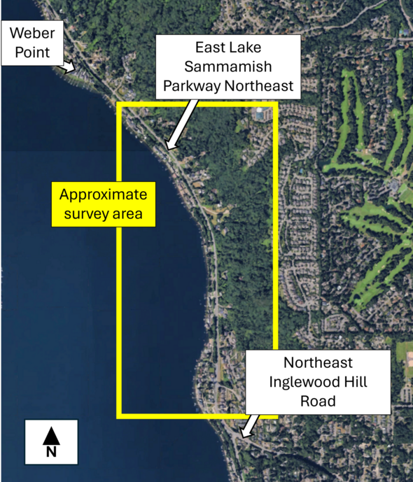 A satellite image of the E Lake Sammamish area with a yellow box south of Weber Point to NE Inglewood Hill Rd, showing the survey area