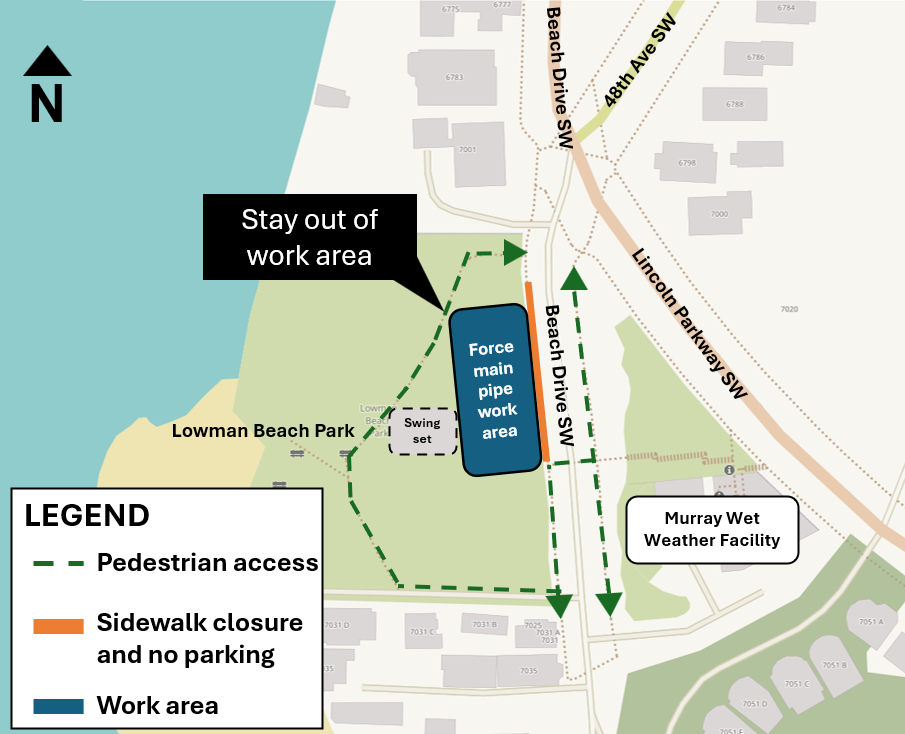 Map showing work area, pedestrian access, sidewalk closure, and no parking area