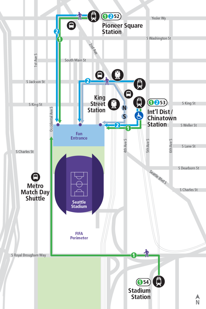 Map showing to get off light rail at stadium, go left on S Royal Brougham Way and then right on Occidental Ave S to get to Fan Entrance