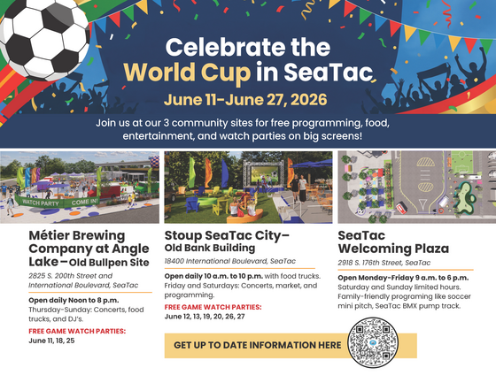Events in Seatac include Metier Brewing at Angle Lake, Stoup SeaTac City on game days, and SeaTac Welcoming Plaza