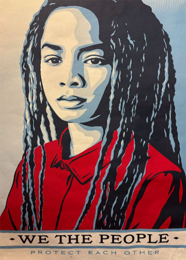 illustration of young woman with words below reading we the people protect each other.