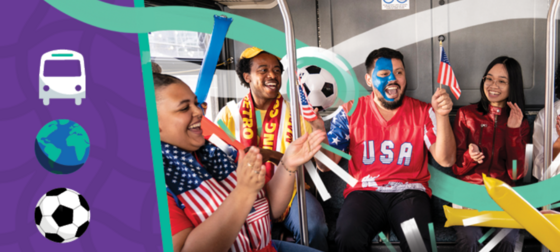 Five smiling people sitting on a bus with American flags and Team USA swag with a purple side bar showing a white bus, the Earth, and a soccer ball