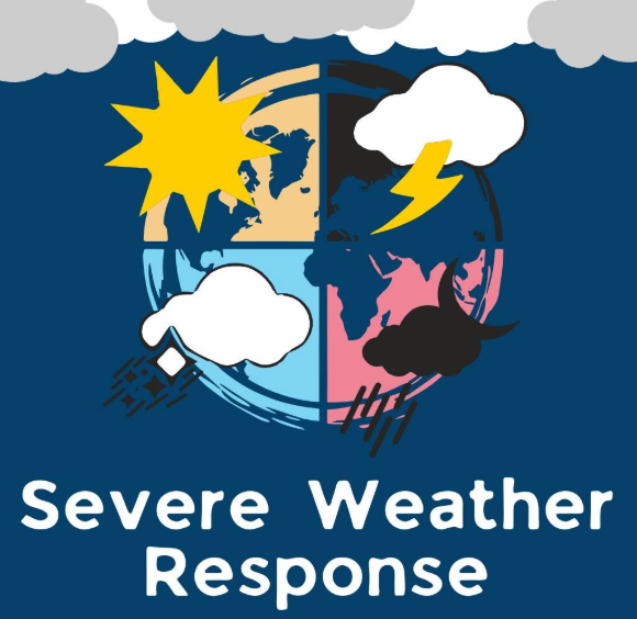 A graphic of a circle cut into four pieces representing different kinds of severe weather against a blue background with gray clouds above