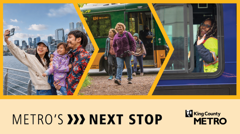 pictures of a family on the water taxi, people getting off a shuttle and a Metro driver and text: Metro's Next Stop