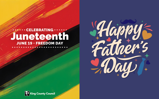 Left image celebrates Juneteenth with the Pan-African flag colors and text. Right image shows a Happy Father's Day with colorful illustrations.
