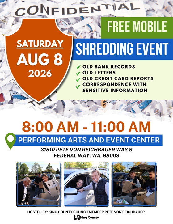 An ad for a free mobile shredding event on Saturday, August 8,  from 8-11AM at the Federal Way PAEC.