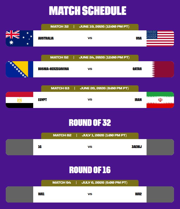 An image of Seattle FIFA World Cup 2026™ Match Schedule for June 19, 24, 26 and July 1 & 6.