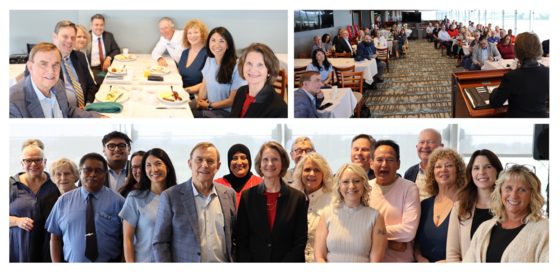 A collage of 3 images showing groups of people at the Good Eggs Breakfast meeting with State Insurance Commissioner Patty Kuderer.