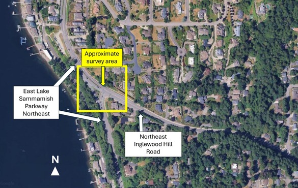 An aerial image looking north with a yellow box around the intersection of East Lake Sammamish Parkway and Northeast Inglewood Hill Road​.