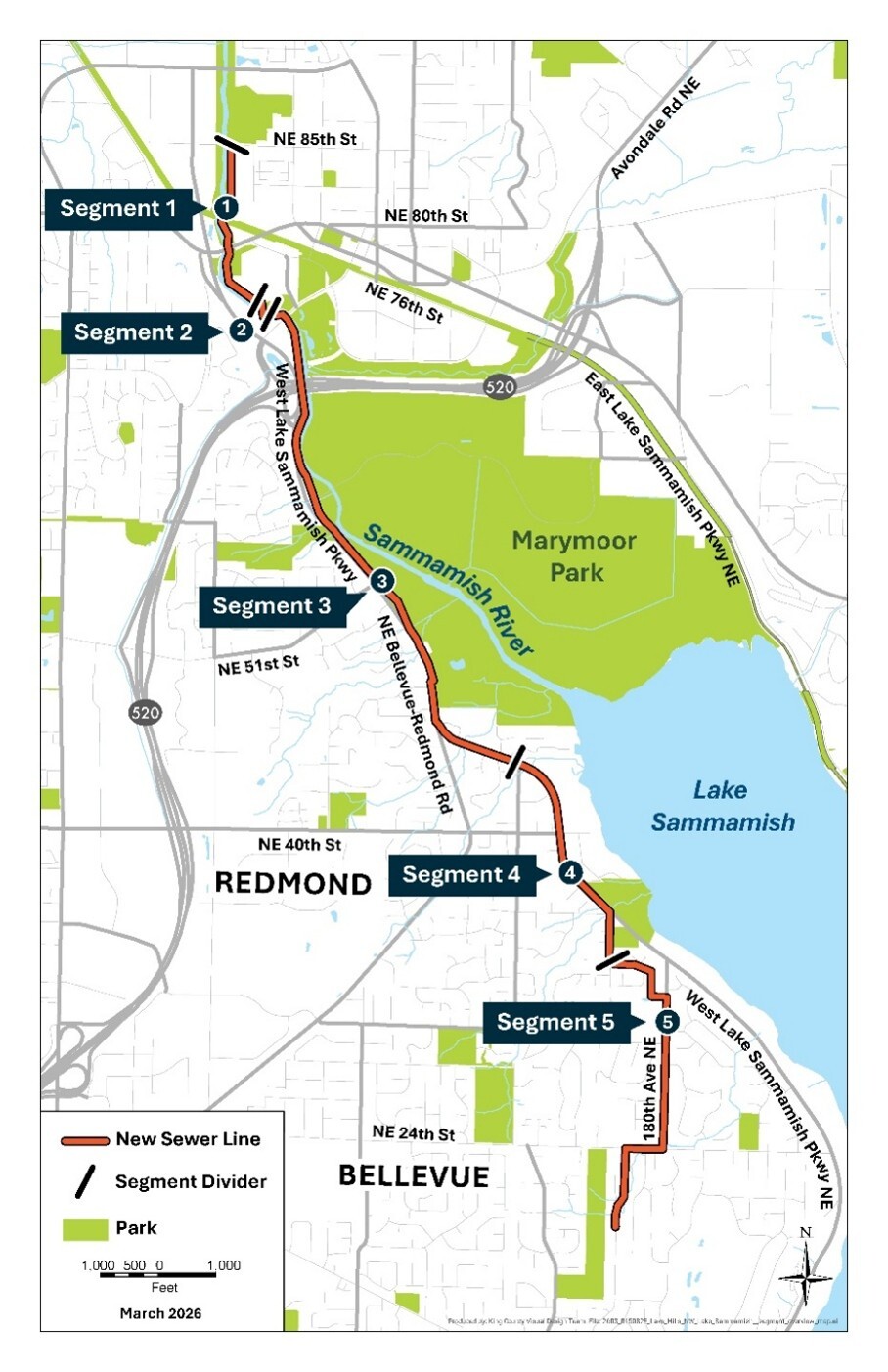 The project area starts at NE 85th St near the Redmond City Hall. Then the south end is in the Idylwood neighborhood in Redmond.