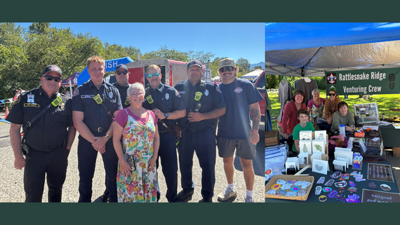 Left: A woman stands with six firefighters in uniform on a sunny day. Right: A group of people stand behind a table filled with stickers.