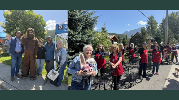Left: Four people stand with a Sasquatch mascot. Right: A group of people wearing red aprons stand with shopping carts.