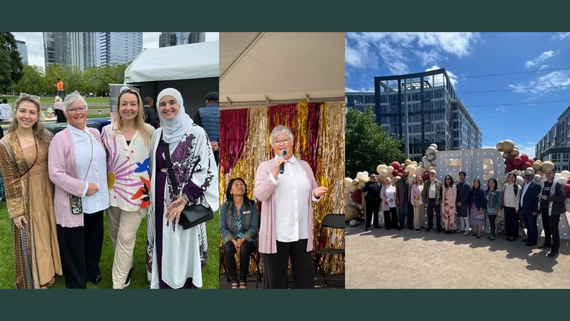 Left: Four women stand in a park. Center: A woman speaks into a handheld microphone. Right: A large group of people in front of an Eid sign.