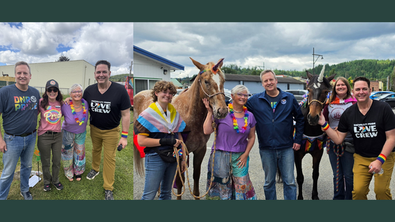 Left: Four people stand wearing rainbow shirts and accessories. Right: People stand with two horses wearing plastic unicorn horns.