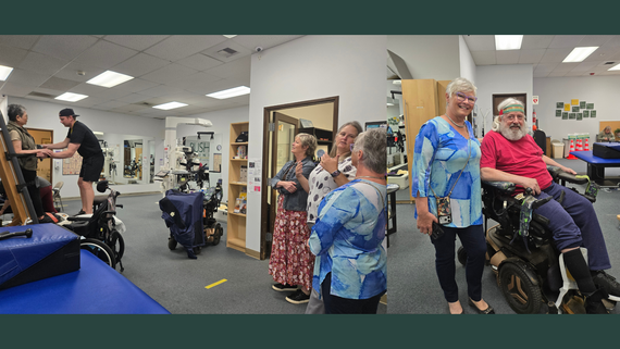 Left: Three people stand, conversing, in a physical therapy gym. Right: A woman poses, smiling, with a man in a power wheelchair.