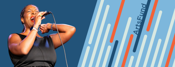 A woman singing into a microphone with her eyes closed on a dark blue background with text reading ArtsFund to the right.