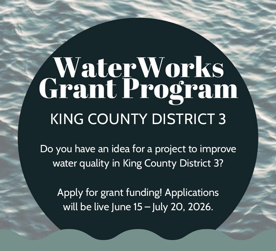 Ocean waves background with a dark blue circle in front and white text reading WaterWorks Grant Program.