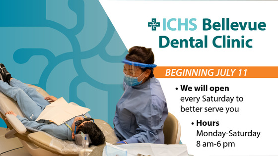 A blue and white graphic with the ICHS logo and a person in blue scrubs attending to a patient reclined in a dental chair