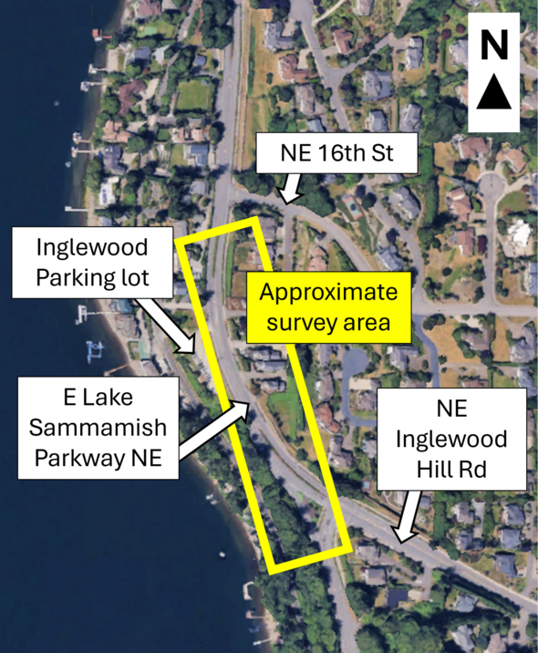 Map shows approximate survey area on East Lake Sammamish Parkway between Northeast 16th Street and Northeast Inglewood Hill Road.