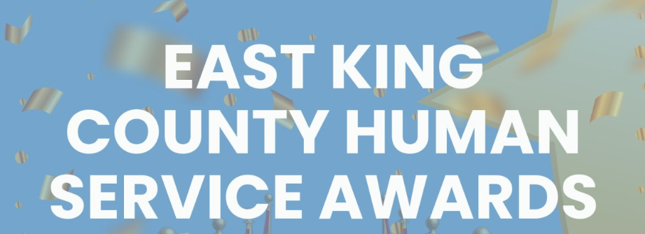 "East King County Human Service Awards" in white letters against a blue background with gold shards
