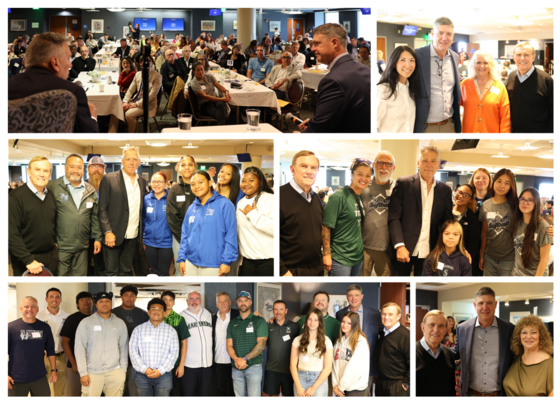 A collage of photos showing groups of student athletes including a seated audience, speakers Jim Zorn and Dan Wilson, and a group photo of attendees.