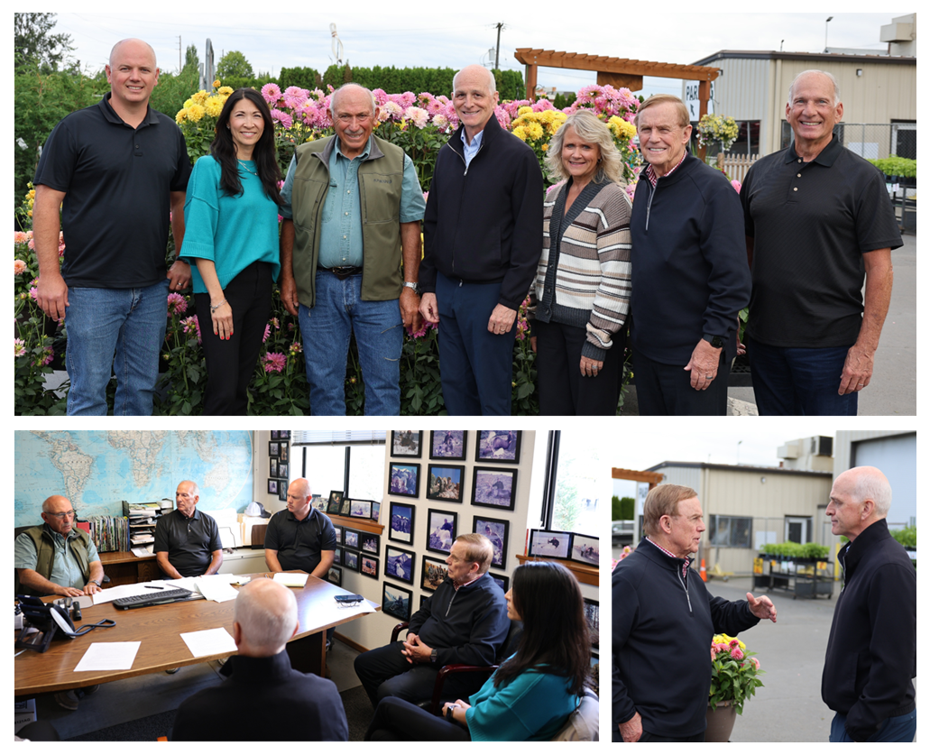 A group of people posing for a photo in front of a rose garden, and in two separate photos, they are in a meeting and talking outside.