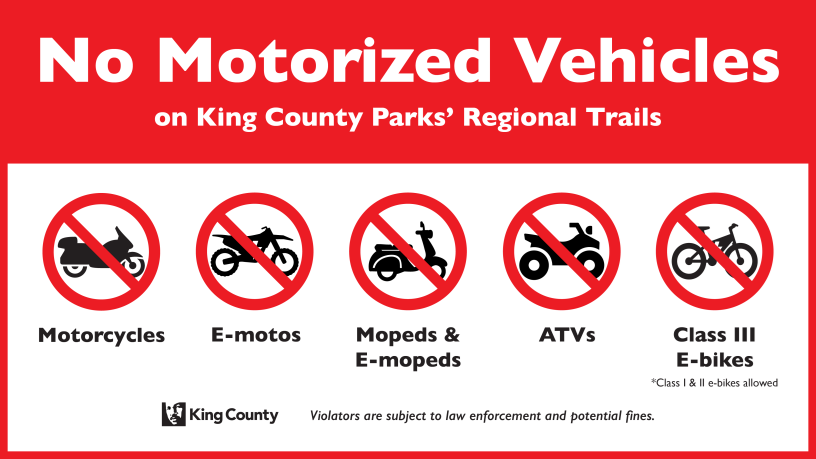  'No Motorized Vehicles on King County Parks' Regional Trails' sign with icons of motorcycles, e-motos, mopeds & e-mopeds, ATVs, and Class III E-bikes