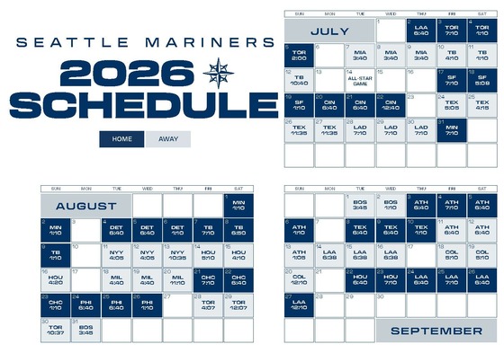 A Seattle Mariners 2026 schedule showing games for July, August, and September against various teams.