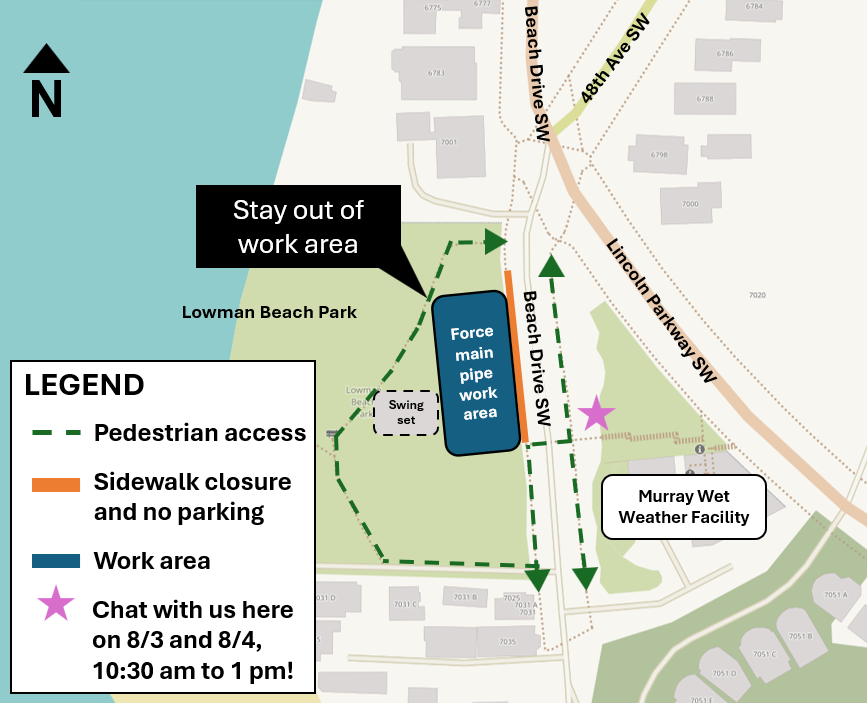 Map of force main work areas at Lowman Beach Park.