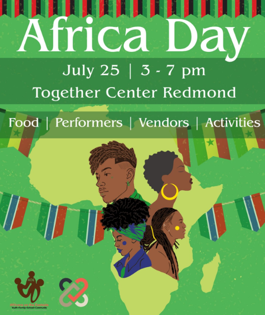 Four people in profile against the outline of the African continent on a green background and flags from different countries
