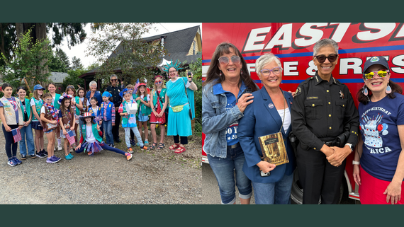 Left: Three women with a group of youth girls in teal Girl Scout vests. Right: Four women stand, smiling, in front of a fire truck.