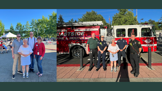 Left: Four people stand, smiling, at a crowded gathering outside. Right: A woman stands, smiling, with four firefighters in uniform.
