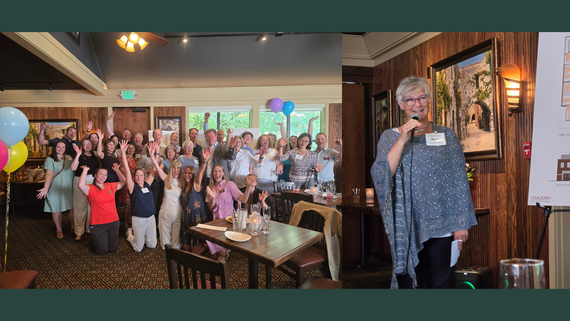 Left: A big group of people smiling with their arms raised in celebration. Right: A woman stands, speaking into a microphone.
