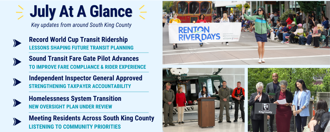 July at a glance, world cup, fare gate pilot at sound transit, inspector general approved, homelessness system transition, and more