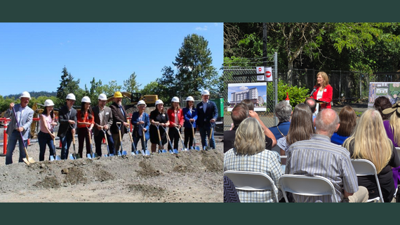 Left: Group of people in hard hats lined up, holding blue shovels. Right: A woman in a red blazer stands, speaking, behind a podium.