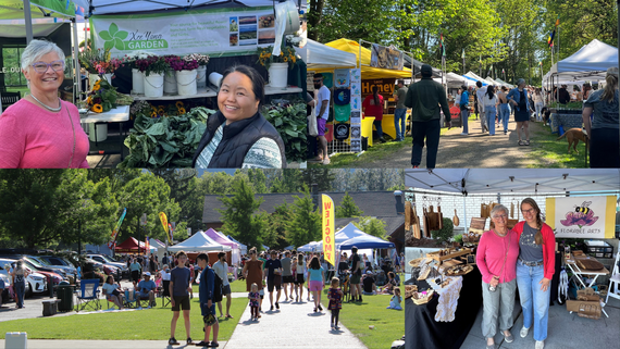 Photos of people gathering at farmers markets.