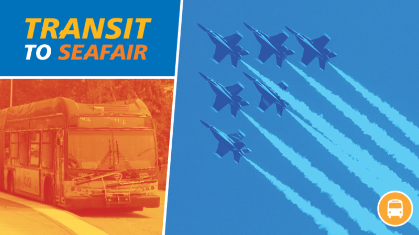 text: "Transit to Seafair" with image of a bus and blue angel planes 