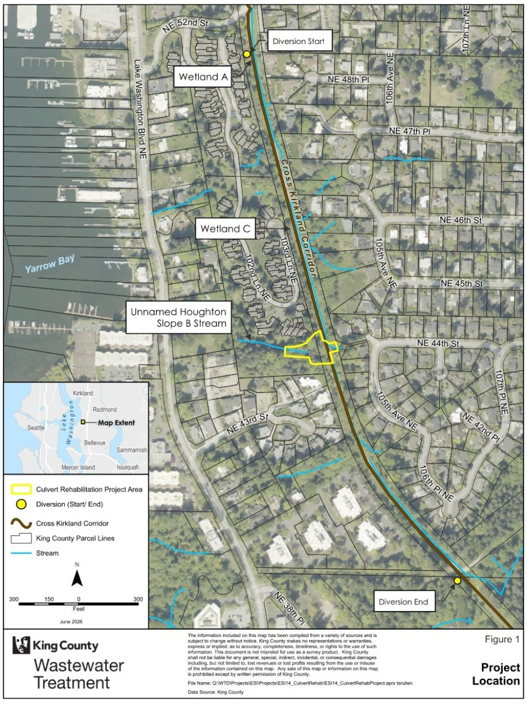 Map showing the location of the culvert rehabilitation area of the Cross Kirkland Corridor Trail.