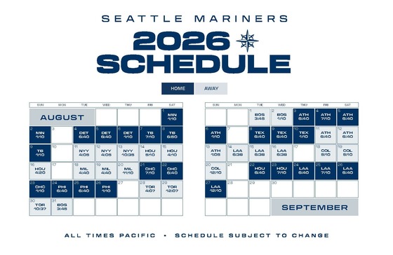 A Seattle Mariners 2026 schedule showing games for August, and September against various teams.