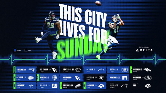 Seattle Seahawks schedule lists opponents, dates, and times for each game beginning Sep 9, 2026 through January 3, 2027.