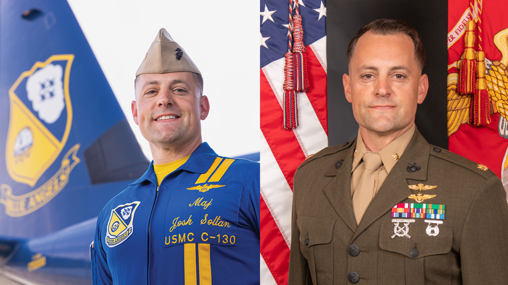 A collage showing US Marine Major Joshua Soltan in a flight suit on the left and in uniform with medals on the right.