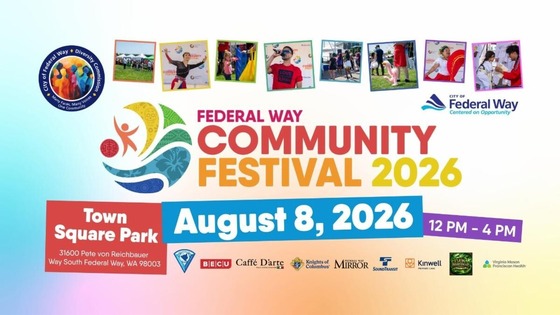 Poster for the Federal Way Community Festival 2026 on August 8, 2026, from 12 PM to 4 PM at Town Square Park with logos of sponsors.