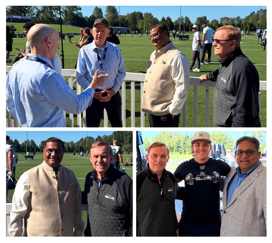 A collage of 3 photos at the VMAC football field with Councilmember von Reichbauer, Seahawks executives and Indian Consulate leaders.