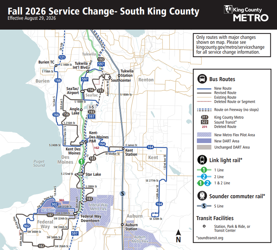 Map showing bus routes, light rail, and commuter rail in South King County, with service changes effective August 29, 2006.