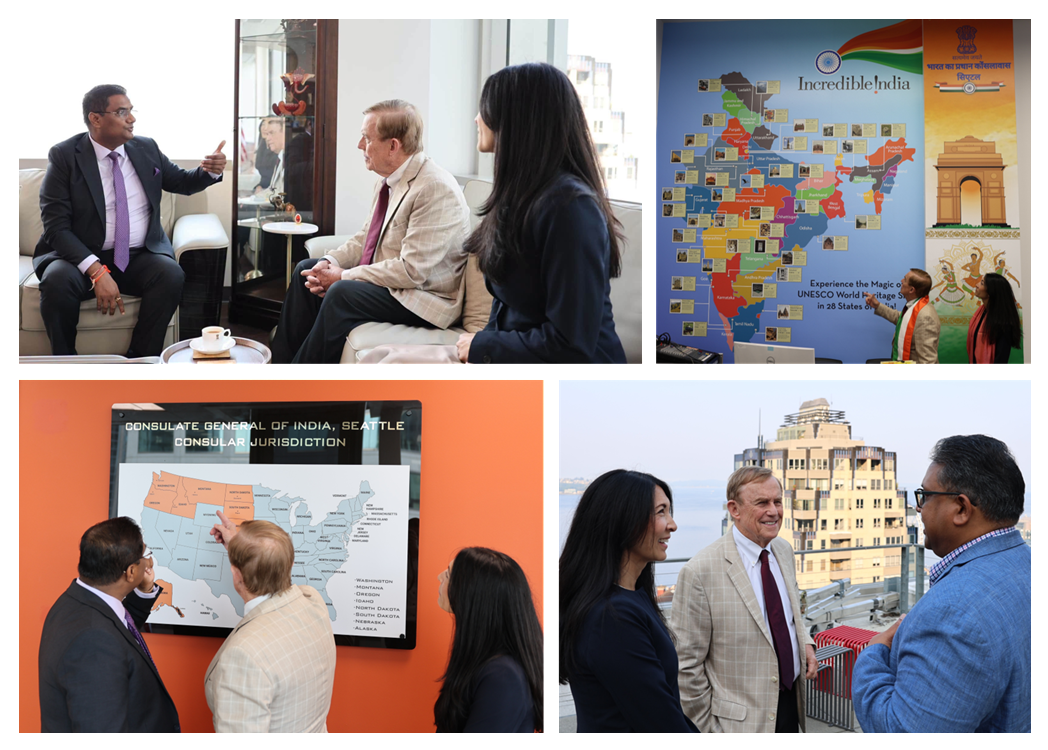 Photo collage of Councilmembers Fain and von Reichbauer with Indian Consul General Gupta, along with an image of pointing to maps of India & the US.