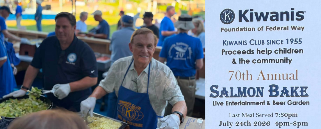 Councilmember von Reichbauer and Federal Way Mayor Jim Ferrell are serving food at the 70th Kiwanis Salmon Bake.