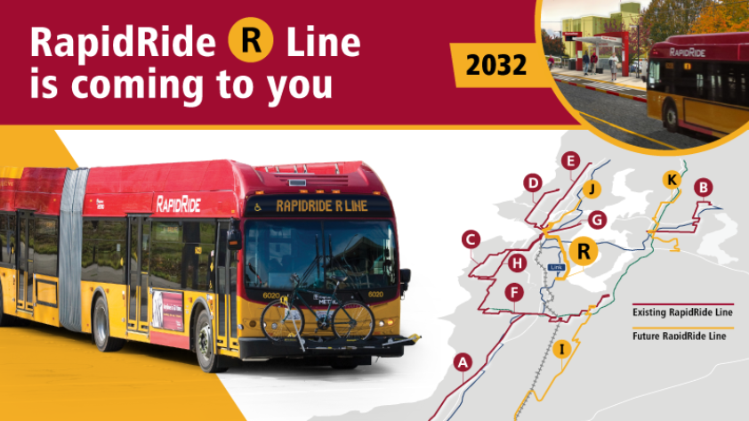 text: "RapidRide R Line is coming to you 2032" map of existing and future RapidRide Lines and pic of RapidRide R Line bus