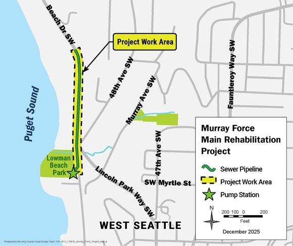 The project work zone begins with Lowman Beach Park on the southbound side of Beach Drive SW. It extends about 0.2 miles north of the park.