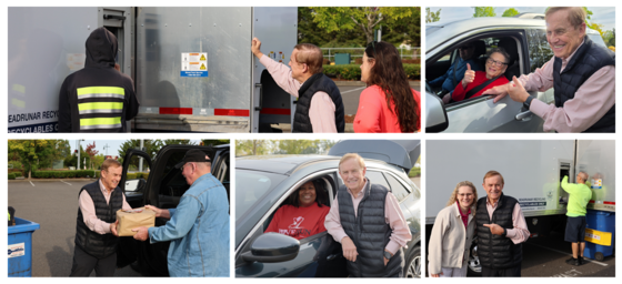 5-panel collage featuring a shredding truck, recycle bin, and people providing items for on-site shredding.