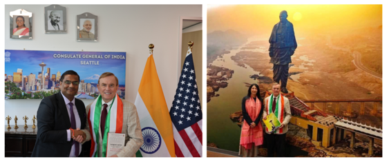 India's Consul General Gupta with Councilmember von Reichbauer, with the Indian and U.S. flags in view, & Councilmember Fain at the Indian Consulate.